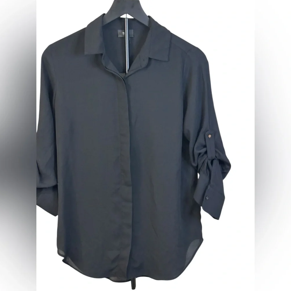 West End TX Black Button Down Blouse Size S Roll Tab Sleeve Lightweight - Picture 1 of 5
